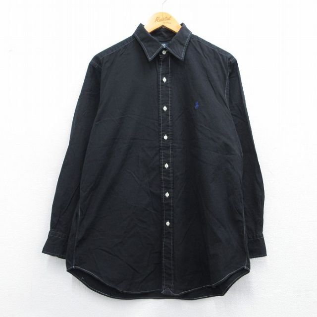 XL★古着 ラルフローレン Ralph Lauren 長袖 ブランド シャツ メンズ 90年代 90s ワンポイントロゴ LOWELL コットン ボタンダウン 黒 ブラック 25apr18 中古 トップス