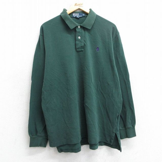 XL★古着 ラルフローレン Ralph Lauren 長袖 ブランド ポロ シャツ メンズ 90年代 90s ワンポイントロゴ 鹿の子 コットン 緑 グリーン 25apr18 中古 トップス
