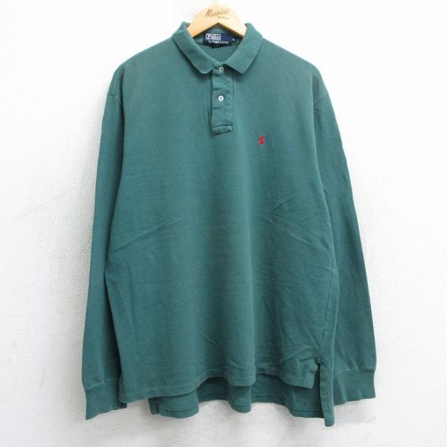 L★古着 ラルフローレン Ralph Lauren 長袖 ブランド ポロ シャツ メンズ 90年代 90s ワンポイントロゴ 鹿の子 コットン USA製 緑 グリーン 【spe】 25apr18 中古 トップス