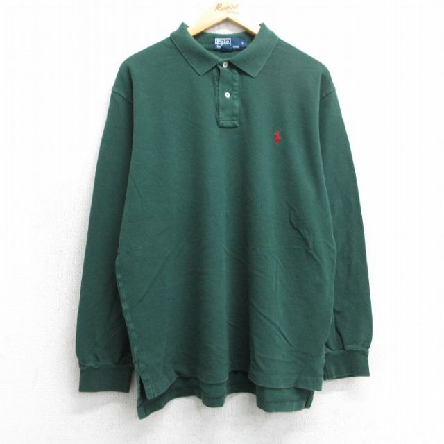 L★古着 ラルフローレン Ralph Lauren 長袖 ブランド ポロ シャツ メンズ 90年代 90s ワンポイントロゴ 鹿の子 コットン 緑 グリーン 25apr18 中古 トップス
