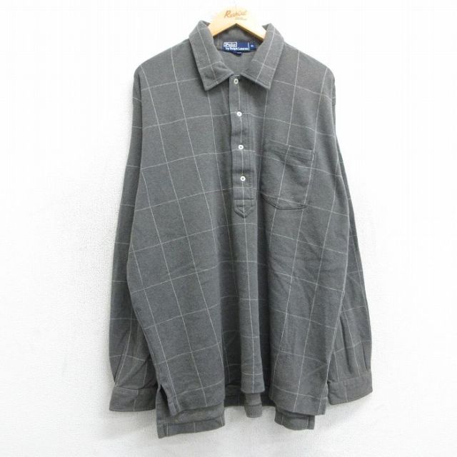 XL★古着 ラルフローレン Ralph Lauren 長袖 ブランド ポロ シャツ メンズ 90年代 90s 大きいサイズ コットン 濃グレー他 チェック 【spe】 25apr18 中古 トップス