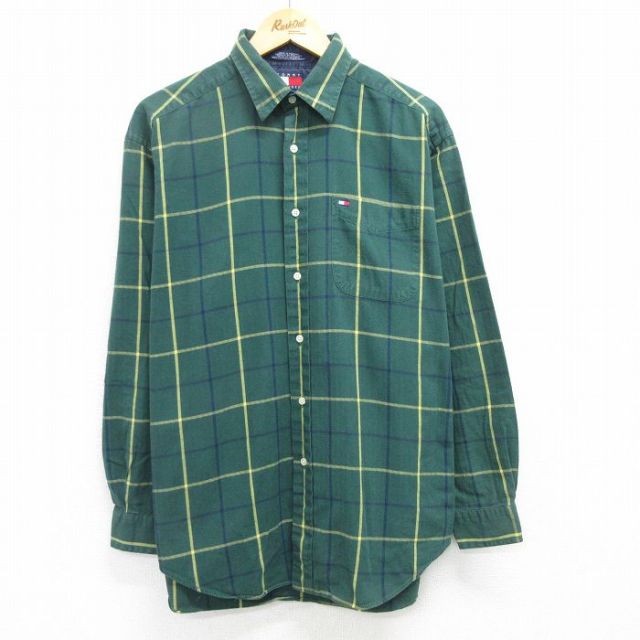 XL★古着 トミーヒルフィガー TOMMY HILFIGER 長袖 ブランド シャツ メンズ 90年代 90s ワンポイントロゴ コットン 緑他 グリーン チェック 25apr26 中古 トップス