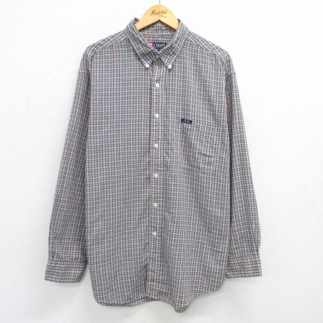 XL★古着 ラルフローレン Ralph Lauren チャップス 長袖 ブランド シャツ メンズ 90年代 90s 大きいサイズ ロング丈 コットン 紺他 ネイビー チェック 25apr26 中古 トップス