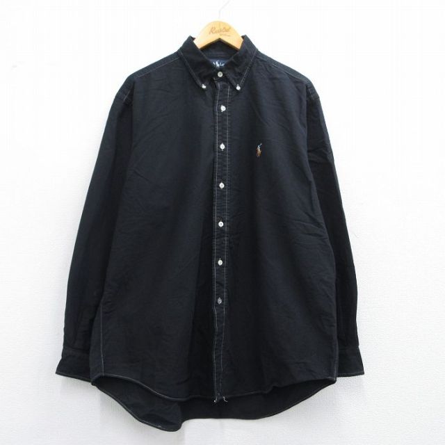 【50%OFF】XL★古着 ラルフローレン Ralph Lauren 長袖 ブランド シャツ メンズ 90年代 90s ワンポイントロゴ YARMOUTH オックスフォード 大きいサイズ コットン ボタンダウン 黒 ブラック 25may10 中古 トップス