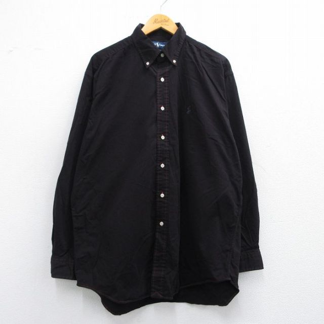 【20%OFF】XL★古着 ラルフローレン Ralph Lauren 長袖 ブランド シャツ メンズ 90年代 90s ワンポイントロゴ BLAKE 大きいサイズ ロング丈 コットン ボタンダウン 黒系 ブラック 25may10 中古 トップス