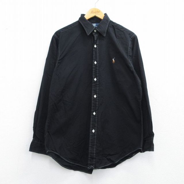L★古着 ラルフローレン Ralph Lauren 長袖 ブランド シャツ メンズ 90年代 90s ワンポイントロゴ LOWELL オックスフォード コットン 黒 ブラック ストライプ 25may10 中古 トップス