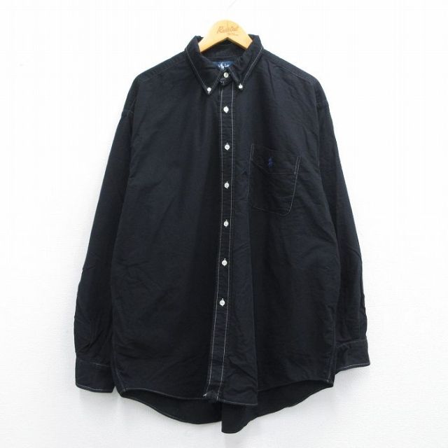 XL★古着 ラルフローレン Ralph Lauren 長袖 ブランド シャツ メンズ 90年代 90s ワンポイントロゴ BIG SHIRTS 大きいサイズ コットン ボタンダウン 黒 ブラック 【spe】 25may10 中古 トップス