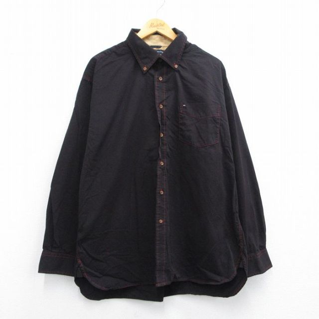 【50%OFF】XL★古着 トミーヒルフィガー TOMMY HILFIGER 長袖 ブランド シャツ メンズ ワンポイントロゴ 大きいサイズ ボタンダウン 黒系 ブラック 25may10 中古 トップス