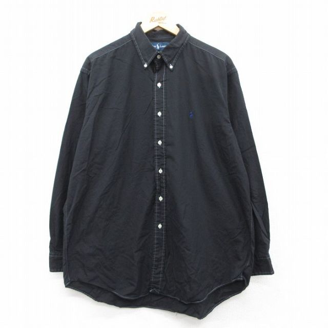 【50%OFF】XL★古着 ラルフローレン Ralph Lauren 長袖 ブランド シャツ メンズ 90年代 90s ワンポイントロゴ BLAKE 大きいサイズ コットン ボタンダウン 黒 ブラック 25may12 中古 トップス