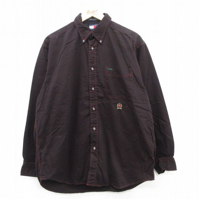 XL★古着 トミーヒルフィガー TOMMY HILFIGER 長袖 ブランド シャツ メンズ 90年代 90s ワンポイントロゴ コットン ボタンダウン 黒系 ブラック 25may12 中古 トップス