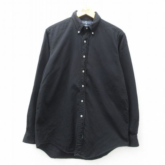 XL★古着 ラルフローレン Ralph Lauren 長袖 ブランド シャツ メンズ 90年代 90s ワンポイントロゴ 大きいサイズ コットン ボタンダウン USA製 黒 ブラック 25may12 中古 トップス
