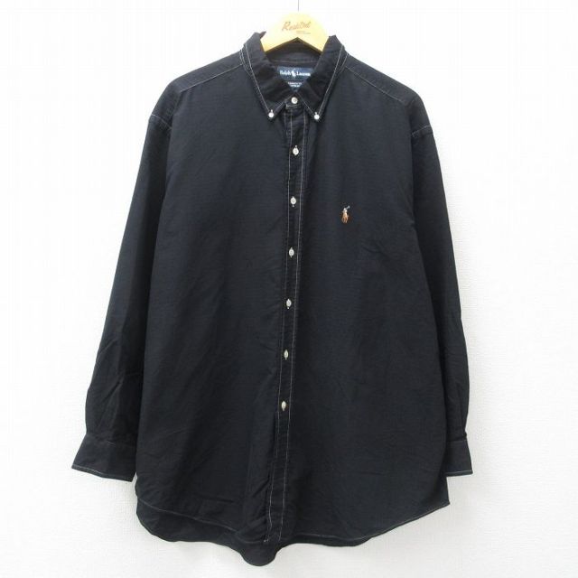 【50%OFF】XL★古着 ラルフローレン Ralph Lauren 長袖 ブランド シャツ メンズ 90年代 90s ワンポイントロゴ YARMOUTH オックスフォード 大きいサイズ ロング丈 コットン ボタンダウン 黒 ブラック 25may12 中古 トップス