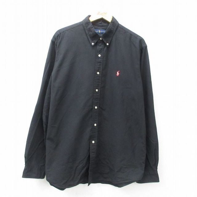XL★古着 ラルフローレン Ralph Lauren 長袖 ブランド シャツ メンズ ワンポイントロゴ 大きいサイズ コットン ボタンダウン 黒 ブラック 25may12 中古 トップス