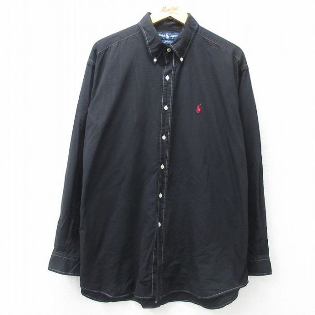 XL★古着 ラルフローレン Ralph Lauren 長袖 ブランド シャツ メンズ 90年代 90s ワンポイントロゴ BLAKE 大きいサイズ コットン ボタンダウン 黒 ブラック チェック 25may12 中古 トップス