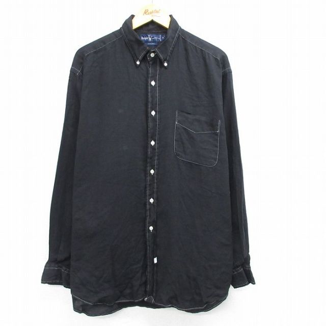 【50%OFF】XL★古着 長袖 ブランド シャツ メンズ 90年代 90s 大きいサイズ ロング丈 リネン ボタンダウン 黒 ブラック 25may14 中古 トップス