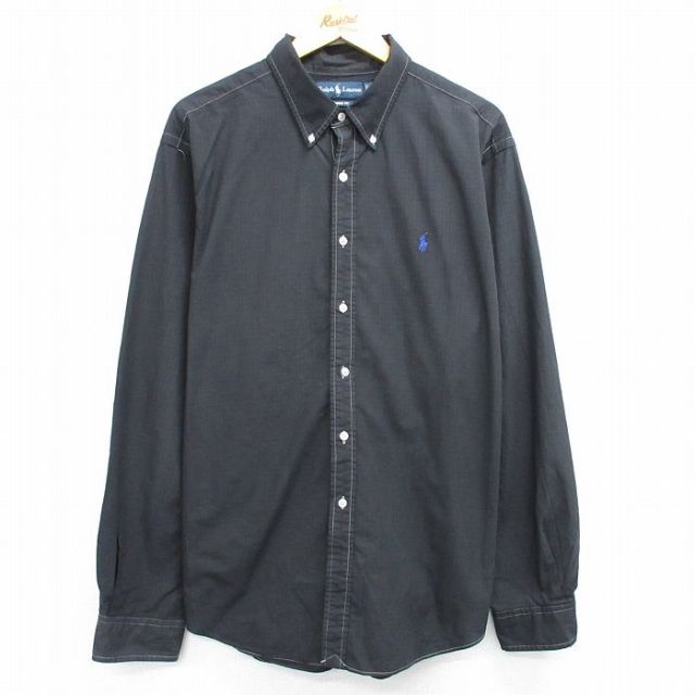 【50%OFF】XL★古着 長袖 ブランド シャツ メンズ 90年代 90s ワンポイントロゴ 大きいサイズ コットン ボタンダウン 黒他 ブラック チェック 25may14 中古 トップス