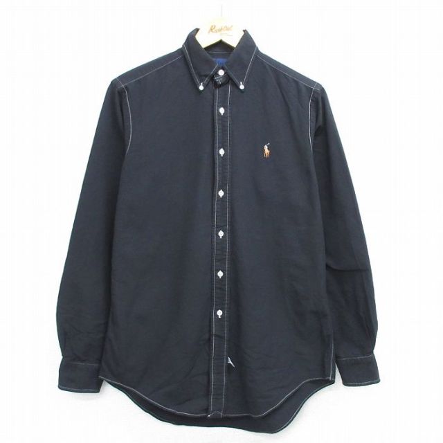 L★古着 長袖 ブランド シャツ メンズ 90年代 90s ワンポイントロゴ オックスフォード コットン ボタンダウン 黒 ブラック 25may14 中古 トップス