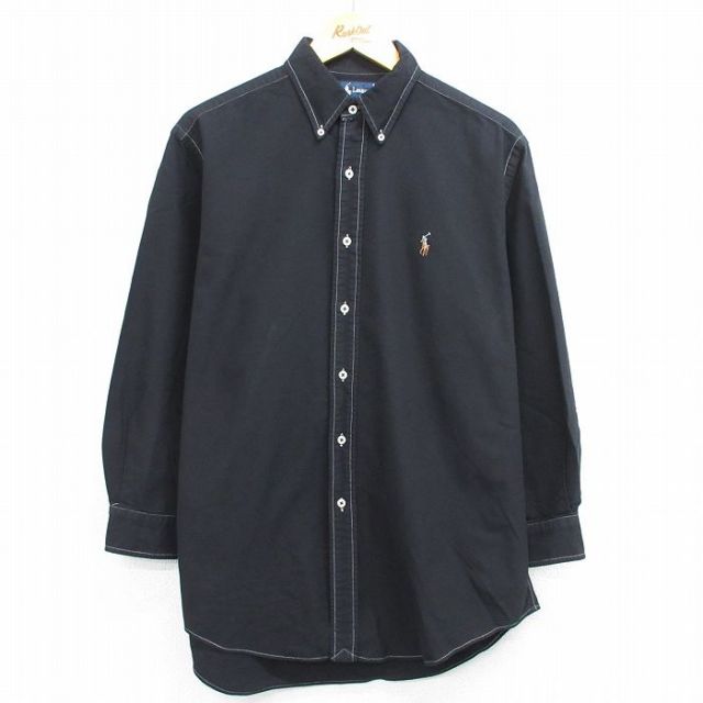 【50%OFF】XL★古着 長袖 ブランド シャツ メンズ 90年代 90s ワンポイントロゴ YARMOUTH オックスフォード コットン ボタンダウン 黒 ブラック 25may14 中古 トップス
