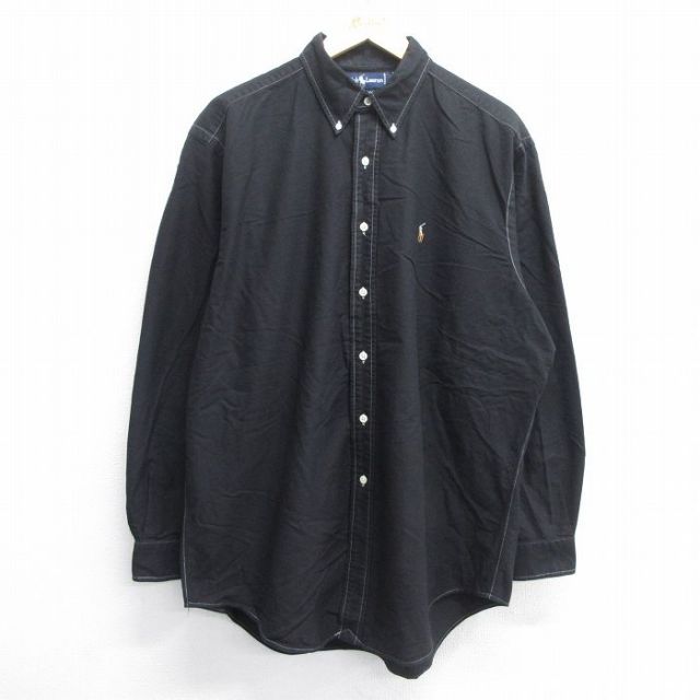 【50%OFF】XL★古着 長袖 ブランド シャツ メンズ 90年代 90s ワンポイントロゴ YARMOUTH 大きいサイズ ロング丈 コットン ボタンダウン 黒 ブラック 25may14 中古 トップス