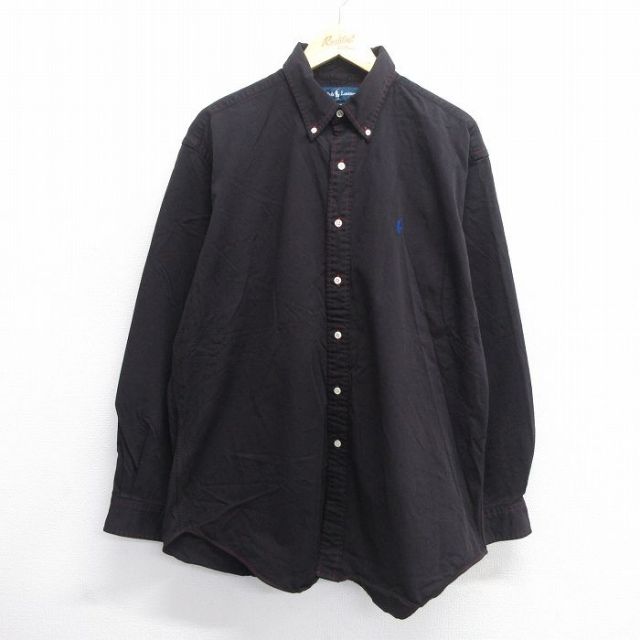 【50%OFF】XL★古着 長袖 ブランド シャツ メンズ 90年代 90s ワンポイントロゴ BLAKE 大きいサイズ ロング丈 コットン ボタンダウン 黒 ブラック 【spe】 25may14 中古 トップス