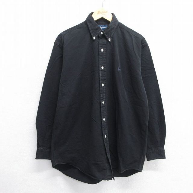 【50%OFF】XL★古着 長袖 ブランド シャツ メンズ 90年代 90s ワンポイントロゴ BLAKE 大きいサイズ コットン ボタンダウン 黒 ブラック 25may14 中古 トップス