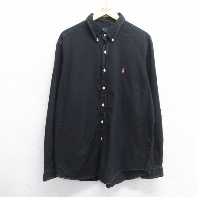 【50%OFF】XL★古着 長袖 ブランド シャツ メンズ ワンポイントロゴ 大きいサイズ コットン ボタンダウン 黒 ブラック 25may14 中古 トップス