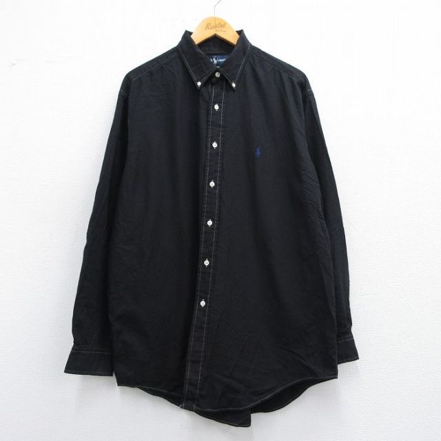 XL★古着 ラルフローレン Ralph Lauren 長袖 ブランド シャツ メンズ 90年代 90s ワンポイントロゴ YARMOUTH 大きいサイズ コットン ボタンダウン 黒 ブラック 25may15 中古 トップス