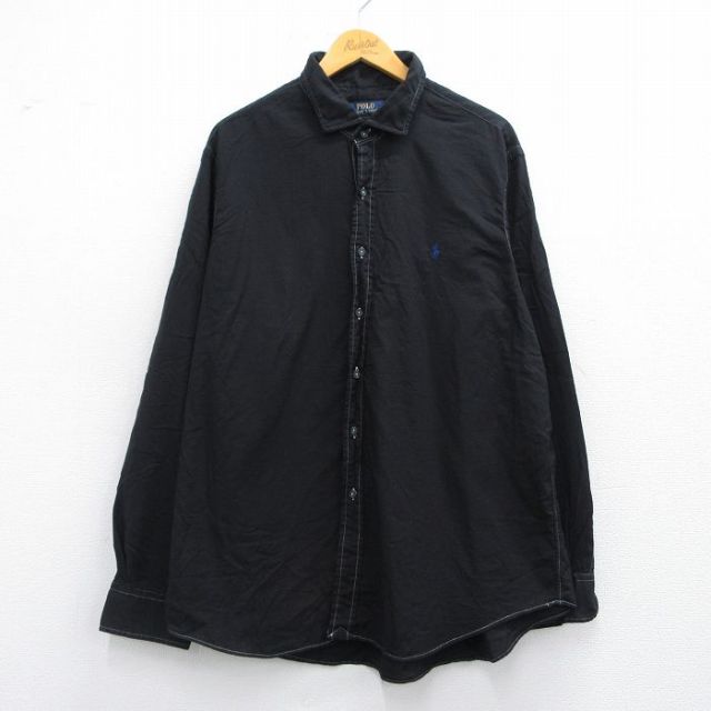 XL★古着 ラルフローレン Ralph Lauren 長袖 ブランド シャツ メンズ ワンポイントロゴ 大きいサイズ ロング丈 コットン 黒 ブラック 25may15 中古 トップス