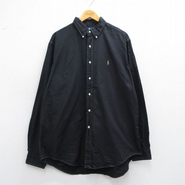 XL★古着 ラルフローレン Ralph Lauren 長袖 ブランド シャツ メンズ 90年代 90s YARMOUTH オックスフォード 大きいサイズ ロング丈 コットン ボタンダウン 黒 ブラック チェック 25may15 中古 トップス