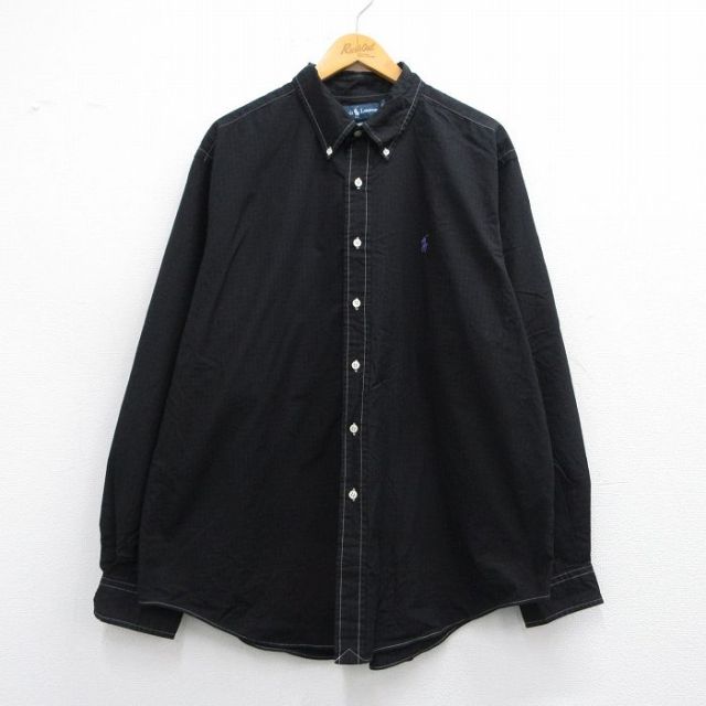 【50%OFF】XL★古着 ラルフローレン Ralph Lauren 長袖 ブランド シャツ メンズ 90年代 90s ワンポイントロゴ 大きいサイズ コットン ボタンダウン 黒 ブラック チェック 25may15 中古 トップス