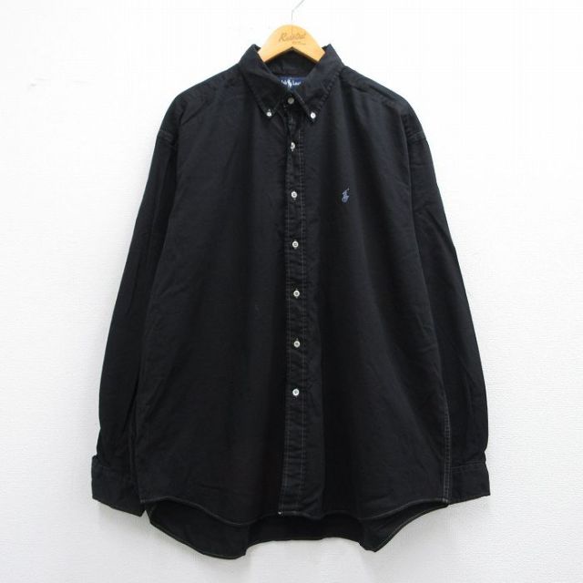 XL★古着 ラルフローレン Ralph Lauren 長袖 ブランド シャツ メンズ 90年代 90s ワンポイントロゴ BLAIRE 大きいサイズ ロング丈 コットン ボタンダウン 黒 ブラック 25may15 中古 トップス