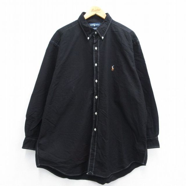 【20%OFF】XL★古着 ラルフローレン Ralph Lauren 長袖 ブランド シャツ メンズ 90年代 90s ワンポイントロゴ YARMOUTH オックスフォード 大きいサイズ ロング丈 コットン ボタンダウン 黒 ブラック 【spe】 25may15 中古 トップス