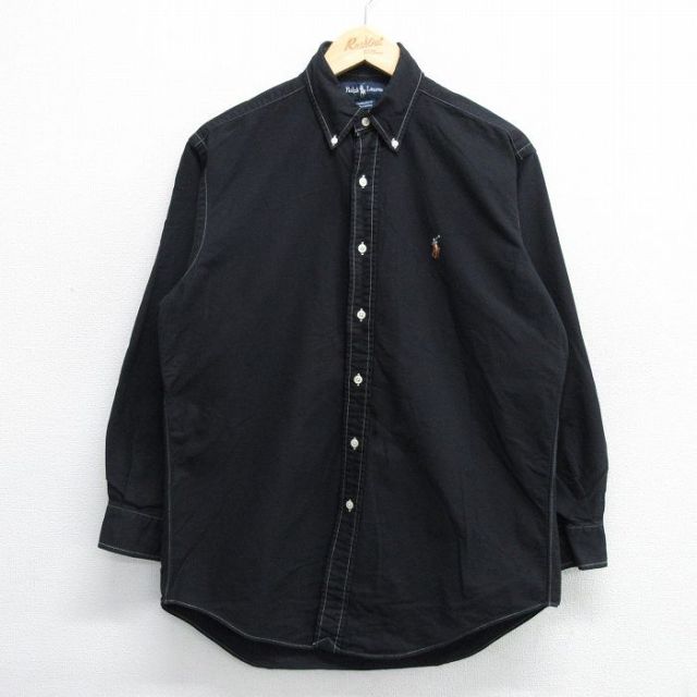 L★古着 ラルフローレン Ralph Lauren 長袖 ブランド シャツ メンズ 90年代 90s ワンポイントロゴ YARMOUTH オックスフォード コットン ボタンダウン 黒 ブラック 25may16 中古 トップス