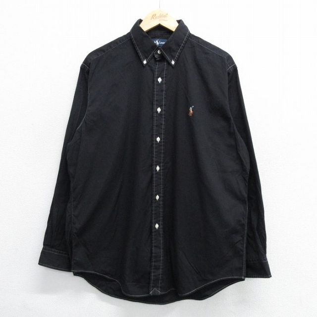 XL★古着 ラルフローレン Ralph Lauren 長袖 ブランド シャツ メンズ 90年代 90s ワンポイントロゴ YARMOUTH オックスフォード 大きいサイズ コットン ボタンダウン 黒 ブラック 25may16 中古 トップス