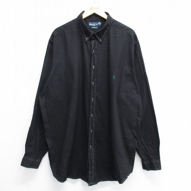 XL★古着 ラルフローレン Ralph Lauren 長袖 ブランド シャツ メンズ 90年代 90s ワンポイントロゴ 大きいサイズ ロング丈 コットン ボタンダウン 黒他 ブラック チェック 25may16 中古 トップス