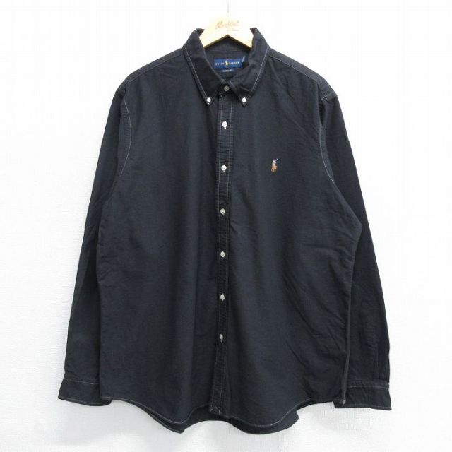 XL★古着 ラルフローレン Ralph Lauren 長袖 ブランド シャツ メンズ ワンポイントロゴ オックスフォード 大きいサイズ コットン ボタンダウン 黒系 ブラック ストライプ 25may16 中古 トップス
