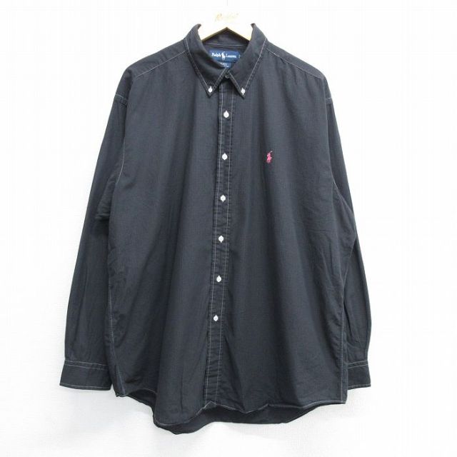 XL★古着 ラルフローレン Ralph Lauren 長袖 ブランド シャツ メンズ 90年代 90s ワンポイントロゴ BLAKE 大きいサイズ コットン ボタンダウン 黒系 ブラック チェック 【spe】 25may16 中古 トップス