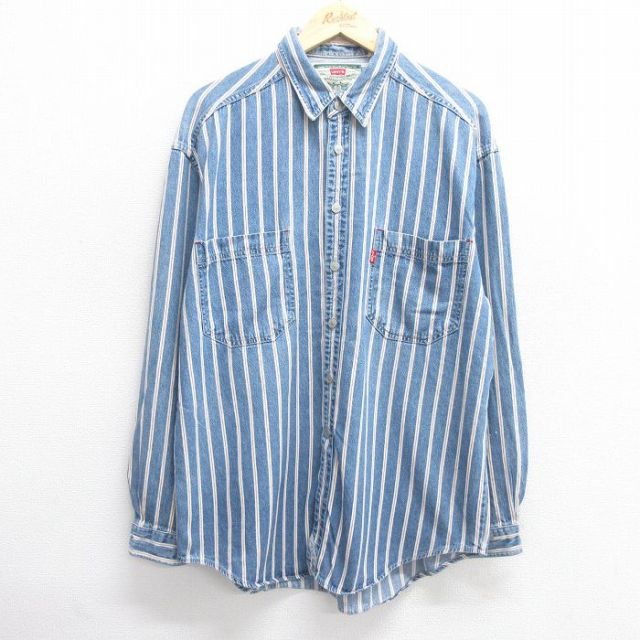XL★古着 リーバイス Levis 長袖 ブランド シャツ メンズ 00年代 00s ロング丈 コットン 紺他 ネイビー ストライプ デニム 【spe】 25may17 中古 トップス