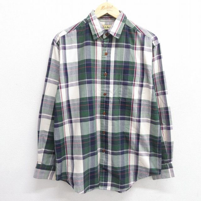 【50%OFF】L★古着 エルエルビーン LLBEAN 長袖 ブランド シャツ メンズ 80年代 80s 緑他 グリーン チェック 25may17 中古 トップス