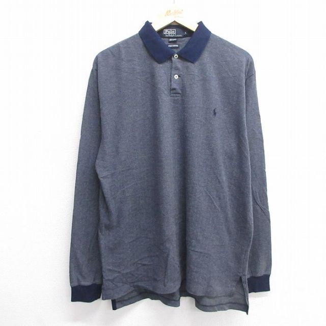 L★古着 ラルフローレン Ralph Lauren 長袖 ブランド ポロ シャツ メンズ ツイード コットン 紺他 ネイビー 25may17 中古 トップス