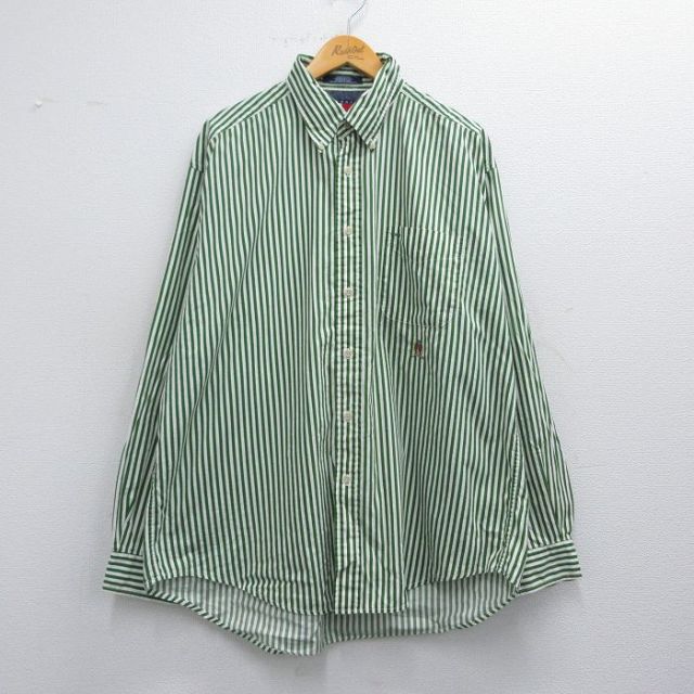 XL★古着 トミーヒルフィガー TOMMY HILFIGER 長袖 ブランド シャツ メンズ 90年代 90s ワンポイントロゴ 大きいサイズ ロング丈 コットン ボタンダウン 緑他 グリーン ストライプ 25may17 中古 トップス