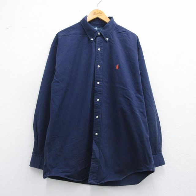 XL★古着 ラルフローレン Ralph Lauren 長袖 ブランド シャツ メンズ 90年代 90s ワンポイントロゴ BLAKE 大きいサイズ ロング丈 コットン ボタンダウン 紺 ネイビー 25may17 中古 トップス