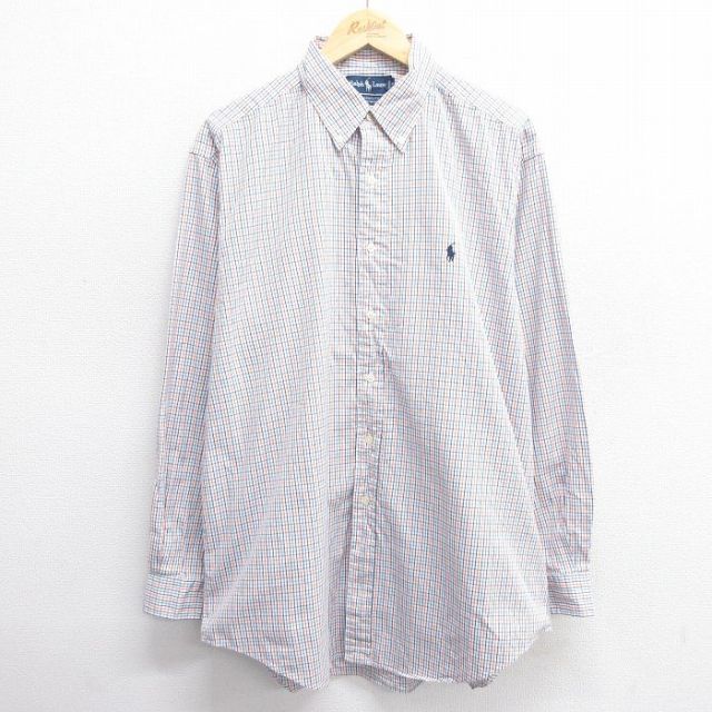XL★古着 ラルフローレン Ralph Lauren 長袖 ブランド シャツ メンズ 90年代 90s ワンポイントロゴ YARMOUTH オックスフォード 大きいサイズ ロング丈 コットン ボタンダウン 白他 ホワイト チェック 25may20 中古 トップス