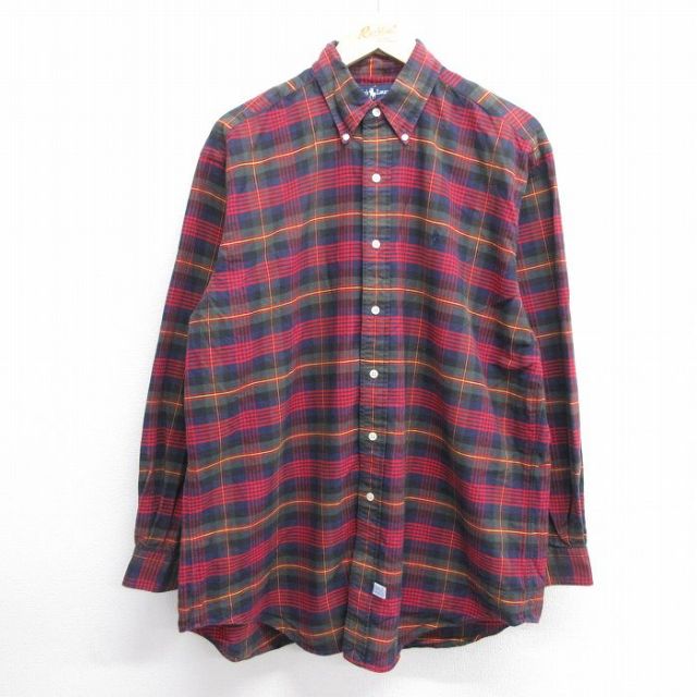 XL★古着 ラルフローレン Ralph Lauren 長袖 ブランド シャツ メンズ 90年代 90s ワンポイントロゴ 大きいサイズ コットン ボタンダウン 赤他 レッド チェック 25may20 中古 トップス