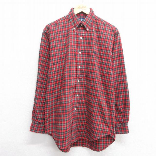 【50%OFF】L★古着 ラルフローレン Ralph Lauren 長袖 ブランド シャツ メンズ 90年代 90s ワンポイントロゴ BLAKE コットン ボタンダウン 赤他 レッド チェック 25may20 中古 トップス