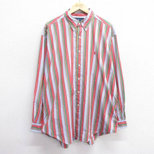 【50%OFF】XL★古着 ラルフローレン Ralph Lauren 長袖 ブランド シャツ メンズ 90年代 90s ワンポイントロゴ BLAKE 大きいサイズ ロング丈 コットン ボタンダウン 紺他 ネイビー ストライプ 【spe】 25may20 中古 トップス