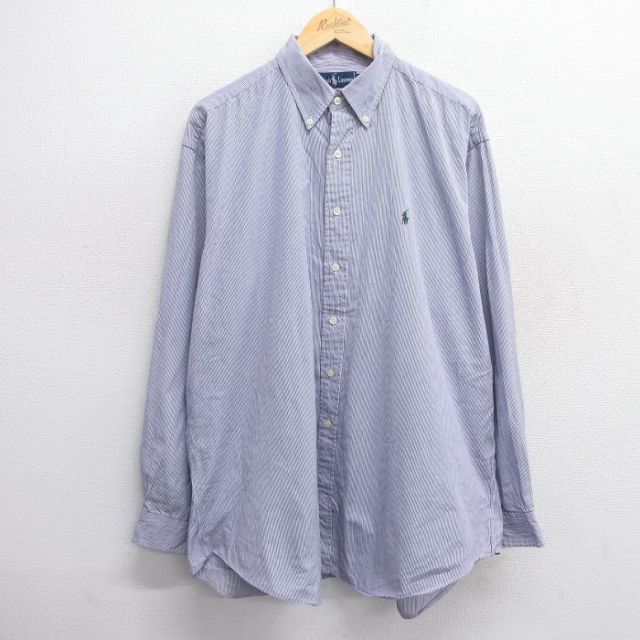 【50%OFF】XL★古着 ラルフローレン Ralph Lauren 長袖 ブランド シャツ メンズ 90年代 90s ワンポイントロゴ 大きいサイズ ロング丈 コットン ボタンダウン 濃紺他 ネイビー ストライプ 25may20 中古 トップス