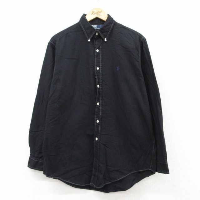 【50%OFF】XL★古着 ラルフローレン Ralph Lauren 長袖 ブランド シャツ メンズ 90年代 90s ワンポイントロゴ YARMOUTH コットン ボタンダウン 黒 ブラック 25may20 中古 トップス