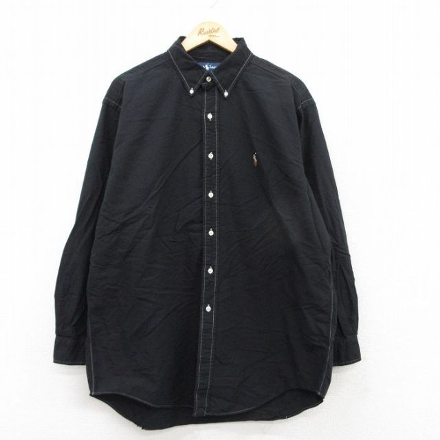 XL★古着 ラルフローレン Ralph Lauren 長袖 ブランド シャツ メンズ 90年代 90s ワンポイントロゴ YARMOUTH オックスフォード ロング丈 大きいサイズ コットン ボタンダウン 黒 ブラック 25may20 中古 トップス