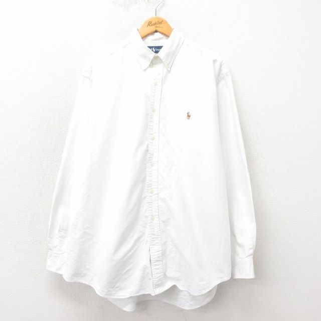 XL★古着 ラルフローレン Ralph Lauren 長袖 ブランド シャツ メンズ 90年代 90s ワンポイントロゴ YARMOUTH オックスフォード 大きいサイズ コットン ボタンダウン 白 ホワイト 25may20 中古 トップス